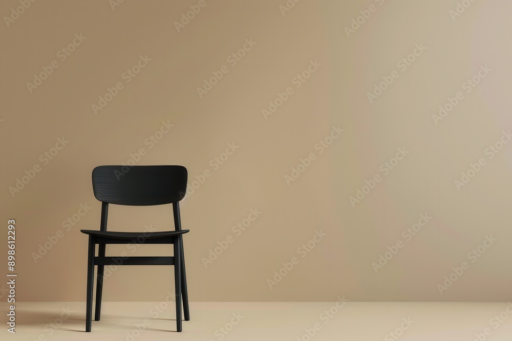 Poster a black wooden chair with a simple design sits in front of a tan wall. generative ai
