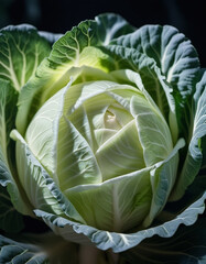 Obraz premium A detailed close-up of a fresh white green cabbage shows the intricate patterns of its leaves, veined textures, and the subtle shades of green that darken towards the outer layers. Natural beauty.