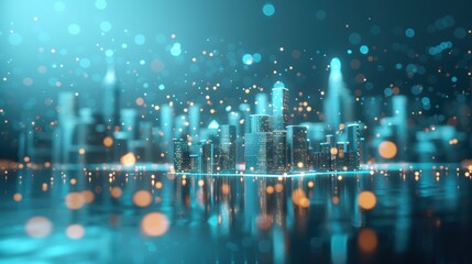 Fototapeta premium A conceptual illustration of a digital cityscape with interconnected networks, symbolizing the evolution of cities through digital transformation and global knowledge integration.