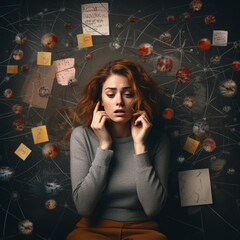 Naklejka premium portrait of young sad depressed woman on gray background, Generative AI