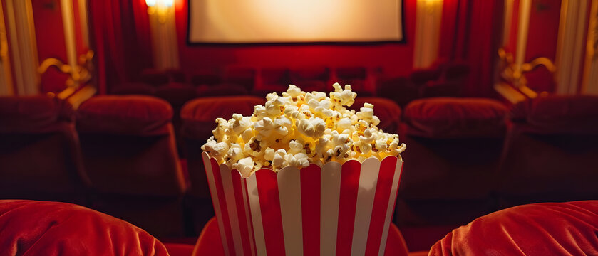 Popcorn in a striped bucket in a movie theater.