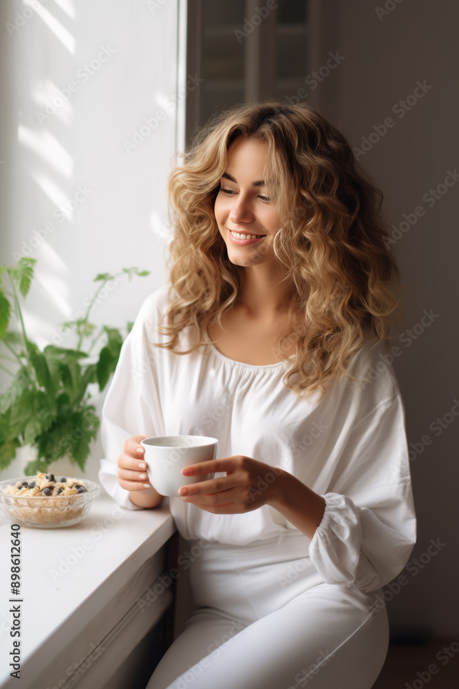 Wall mural young woman enjoying her morning drink in sunlight, generative ai