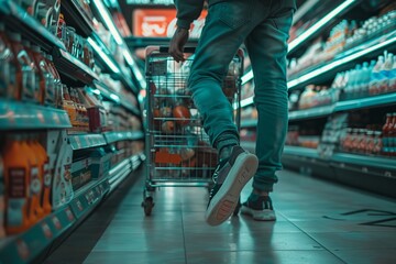 Fototapeta premium legs of a man with a shopping cart walking through a supermarket