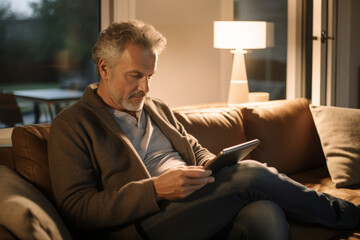 Fototapeta premium mature man reading ebook in armchair, leisure concept, Generative AI