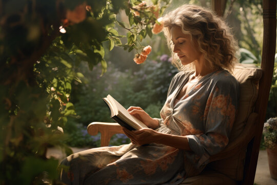 beautiful woman reading book in garden, leisure concept, Generative AI