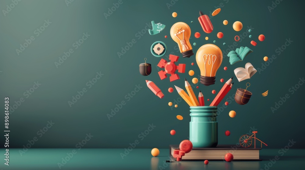 Poster a conceptual illustration representing global knowledge, with icons and symbols from various fields 