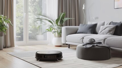 Autonomous robot vacuum cleaning a modern living room