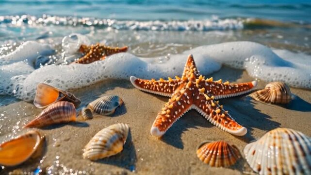 Starfish and shells on sandy beach, sea waves washing over, tropical island shore, highlighting textures