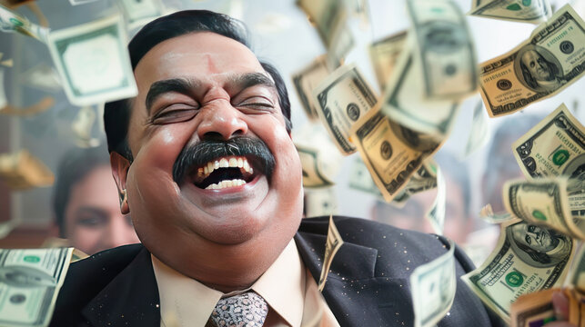 indian businessman sitting with flying money