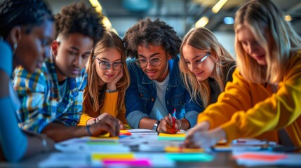 Diverse group of young professionals collaborating on creative project in modern office
