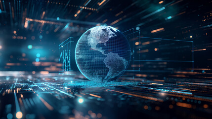 A white earth globe icon, placed on a futuristic interface, with glowing blue lines and data streams surrounding it. The image is a photo with a top-down perspective, with the padlock appearing as a c