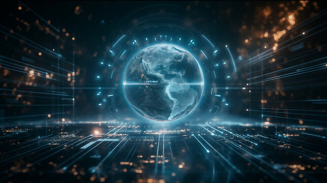 A white earth globe icon, placed on a futuristic interface, with glowing blue lines and data streams surrounding it. The image is a photo with a top-down perspective, with the padlock appearing as a c - Powered by Adobe