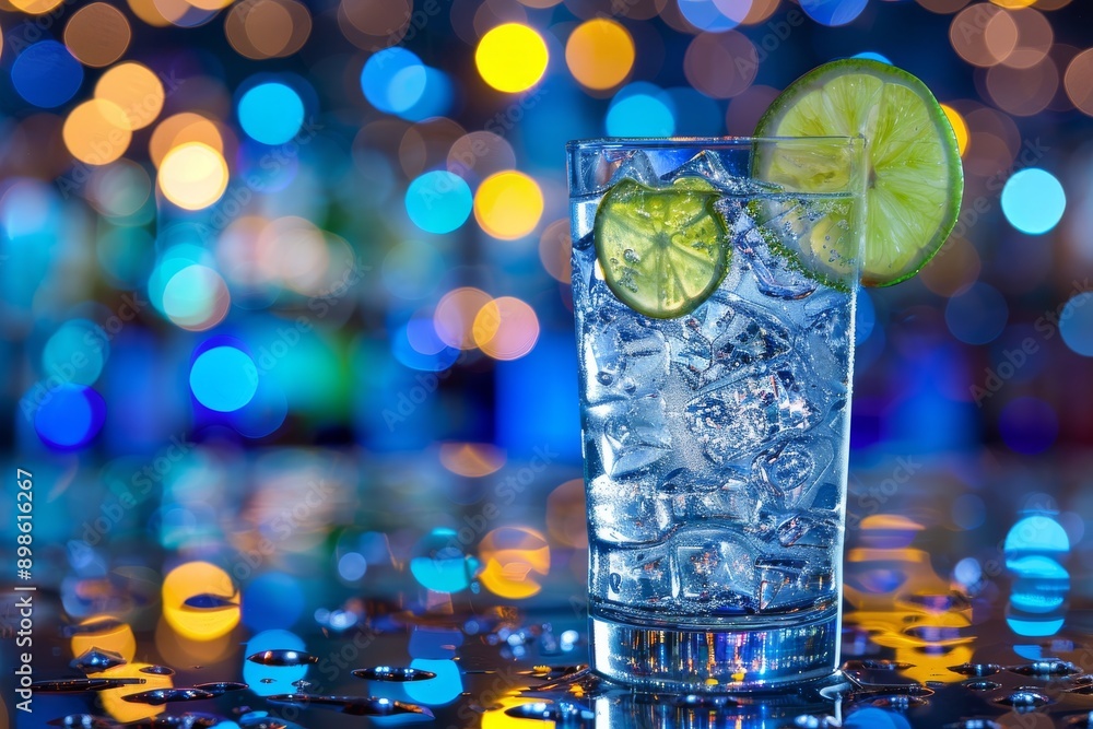 Poster refreshing gin and tonic with lime and bokeh lights cool and sophisticated representing elegance and