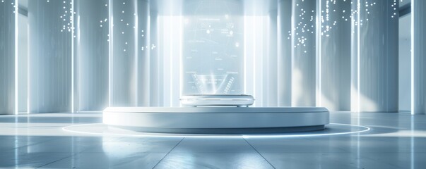 Futuristic minimalist holographic display in a modern white space with a digital interface