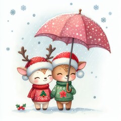 Two adorable reindeer in Santa hats and sweaters share an umbrella in the snow.
