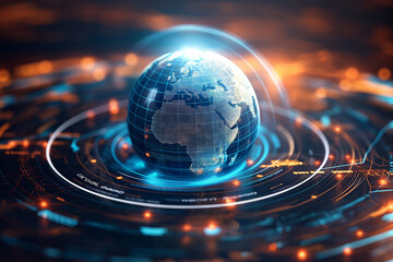 A white earth globe icon, placed on a futuristic interface, with glowing blue lines and data streams surrounding it. The image is a photo with a top-down perspective, with the padlock appearing as a c