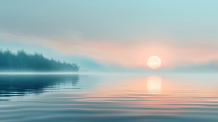 Fototapeta premium A digital painting capturing the mood of a misty morning on a lake, with fog gently rising from the water's surface under a soft sunrise.
