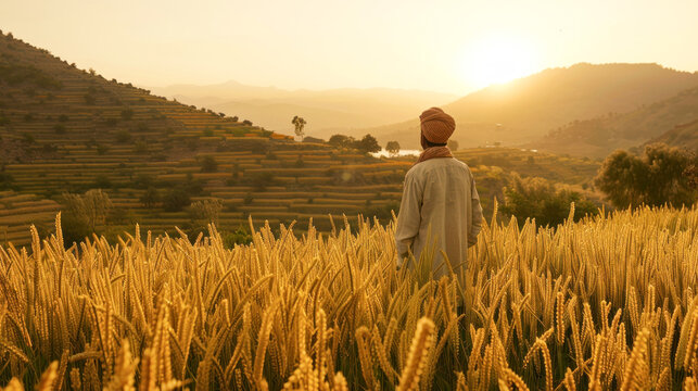 happy indian farmer standing at wheat farm