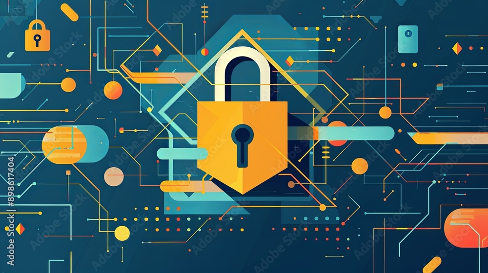Poster a lock and shield over a digital background, symbolizing data protection and cybersecurity.