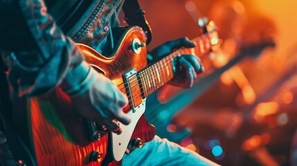 Naklejka premium Guitarist playing with passion on a vibrant stage
