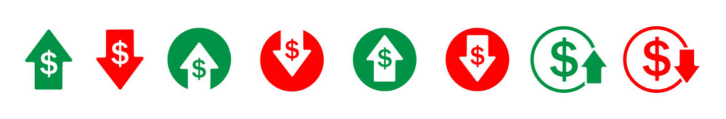 Money increase icon with arrow up symbol, dollar decrease icon.Set includes signs dollars. Graphic both the increase and decrease dollar in vector style