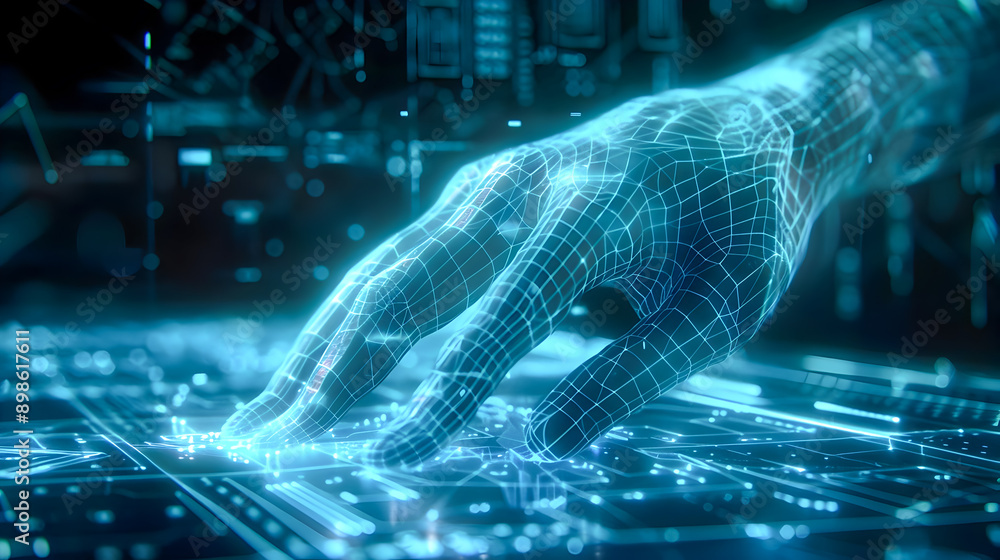 Poster a striking digital image depicting a detailed wireframe hand pressing a glowing neon blue illuminate