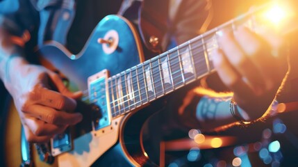 Fototapeta premium Guitarist playing with passion on a vibrant stage
