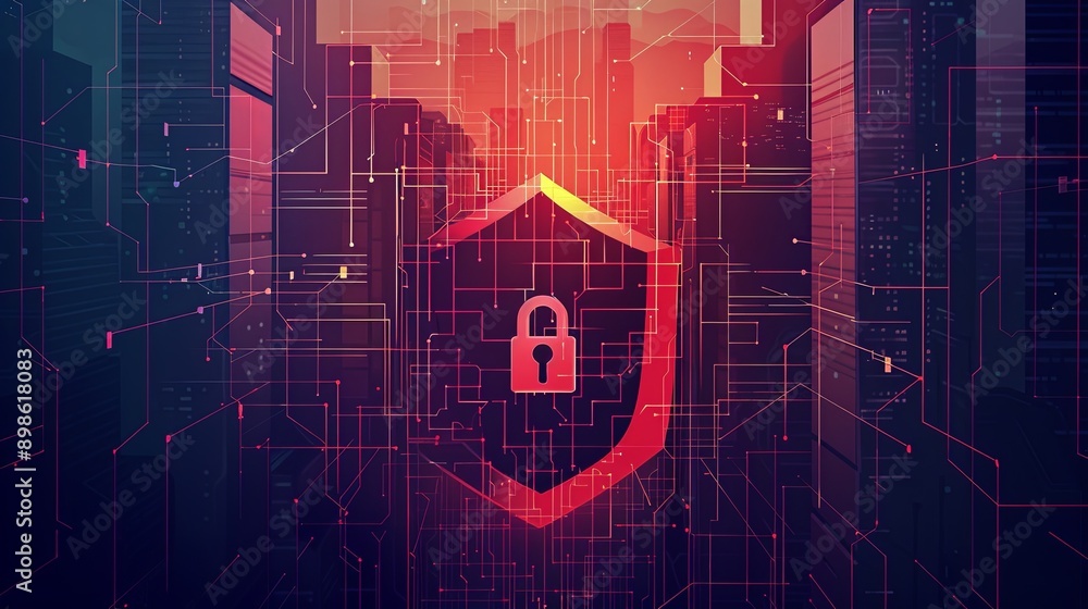Poster a lock and shield over a digital background, symbolizing data protection and cybersecurity.