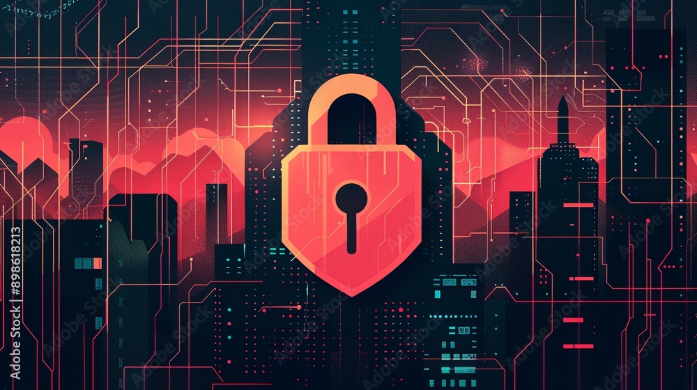 Poster a lock and shield over a digital background, symbolizing data protection and cybersecurity.