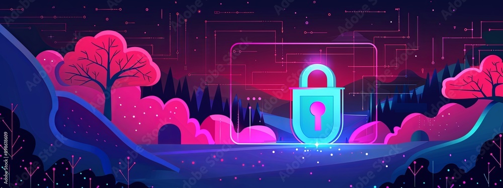 Poster a lock and shield over a digital background, symbolizing data protection and cybersecurity.