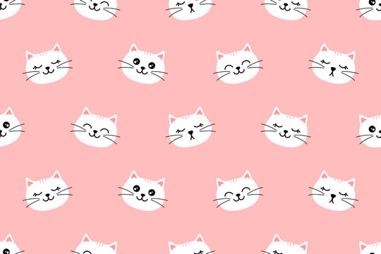 Seamless pattern with funny white cat faces on light pink background.
