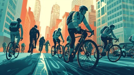 Illustration of cyclists riding bicycles along city roads, capturing the diversity and vibrancy of urban transportation and leisure activities