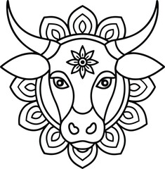 kids friendly bull coloring page simple line art cute cow head with flower mandala design pattern minimal vector line art kdp coloring interior