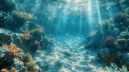 Fototapeta premium Sunlight streaming through the ocean water, illuminating the underwater coral reef, creating a tranquil and vibrant atmosphere.