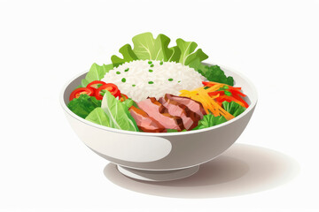 Wholesome bowl with rice, meat, fresh vibrant vegetables and crisp leafy lettuce. Gourmet and healthy food concepts. For culinary projects emphasizing healthy eating, food-related designs, menu, cafe