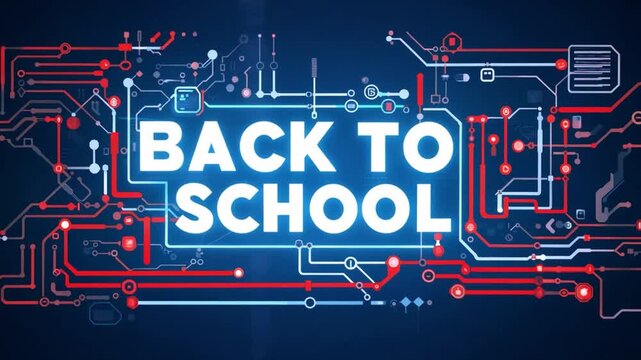 The phrase Back to School in white text on a blue rectangle surrounded by a red and white circuit board design.