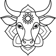 kids friendly bull coloring page simple line art cute cow head with flower mandala design pattern minimal vector line art kdp coloring interior