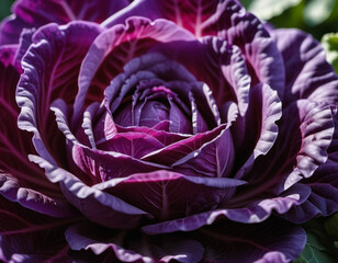 Obraz premium Red cabbage is a vegetable crop with red-violet leaf color and a common food product. Vegetable is used for fresh consumption in salads, for pickling, cultivated cabbage species. Generated AI