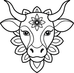 kids friendly bull coloring page simple line art cute cow head with flower mandala design pattern minimal vector line art kdp coloring interior