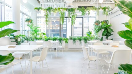 Bright and modern office cafeteria with green plants and white furniture, creating a fresh and inviting environment.