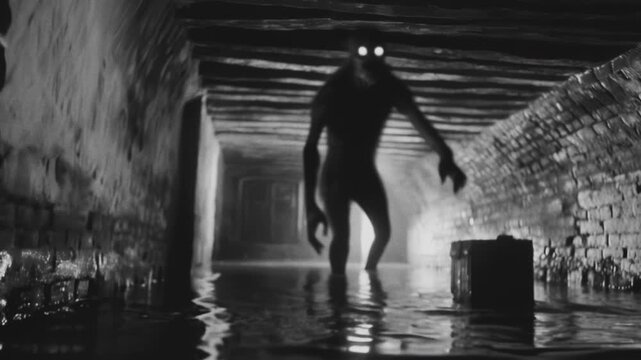 Vintage horror movie clip of a scary black monster with glowing eyes in a flooded underground. Cinematic horror footage.