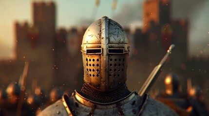 Naklejka premium A medieval knight in full armor stands before a castle, ready for battle.