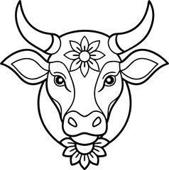 kids friendly bull coloring page simple line art cute cow head with flower mandala design pattern minimal vector line art kdp coloring interior