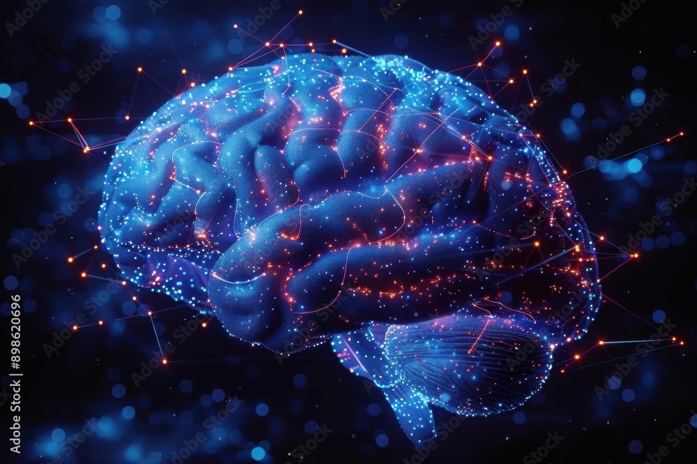 Poster a glowing blue brain with an intricate network of neural connections and data points, representing a
