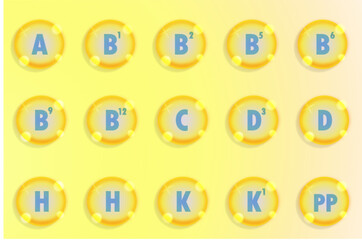 Set of Multi Vitamin complex icons. Multivitamin supplement. Vitamin A, B group B1, B2, B3, B5, B6, B9, B12, C, D, D3, E, K, H, K1, PP. Essential vitamin realistic. Healthy life concept