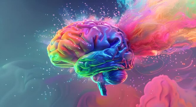 A colorful brain with a rainbow of colors. The brain is surrounded by a colorful explosion of paint. The brain is the central focus of the image