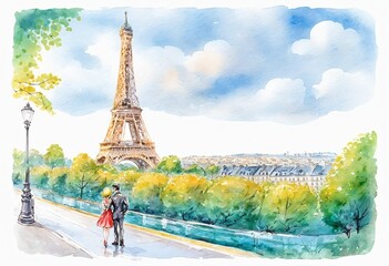 Watercolor Illustration of a Eiffel Tower in Paris, France