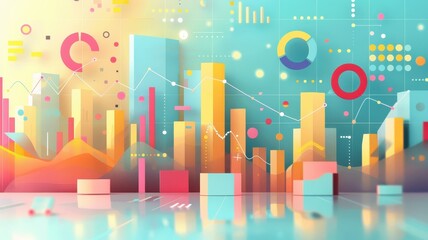 Abstract 3D city skyline with colorful data visualization charts and graphs on a futuristic background. Perfect for business analytics concepts.