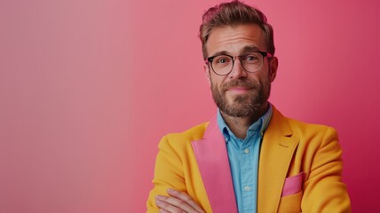 Obraz premium A confident man with glasses and a beard stands against a pink background, wearing a colorful yellow and pink jacket paired with a light blue shirt. His stylish and vibrant outfit creates a bold 