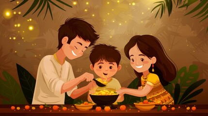 Family celebrating Pongal with traditional food, harvest festival